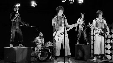 Scottish pop group the Bay City Rollers are seen performing during the taping of a local New York City kids' television program 
